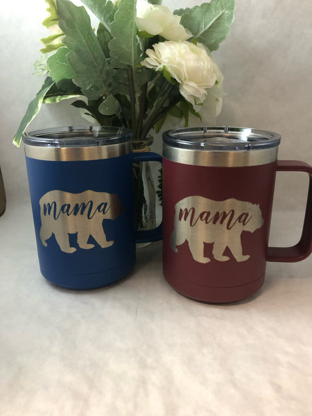 Mama Bear Tumbler Mug Engraved with Slide Lid. Papa Bear Engraved Coffee Cup. - C & A Engraving and Gifts