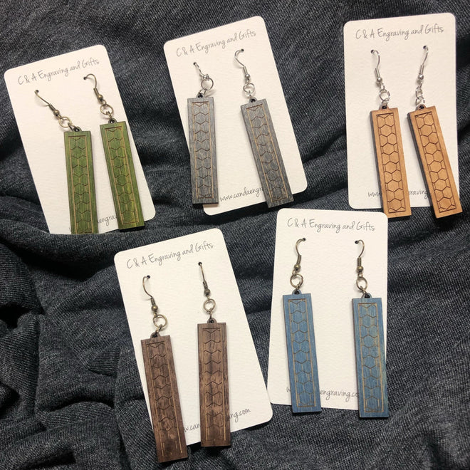 Wooden Bar Dangle Earrings. Stained Birch Wood Laser Cut Earrings. - C & A Engraving and Gifts