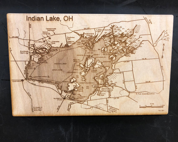 Indian Lake Ohio Engraved Map Wooden Magnet. - C & A Engraving and Gifts