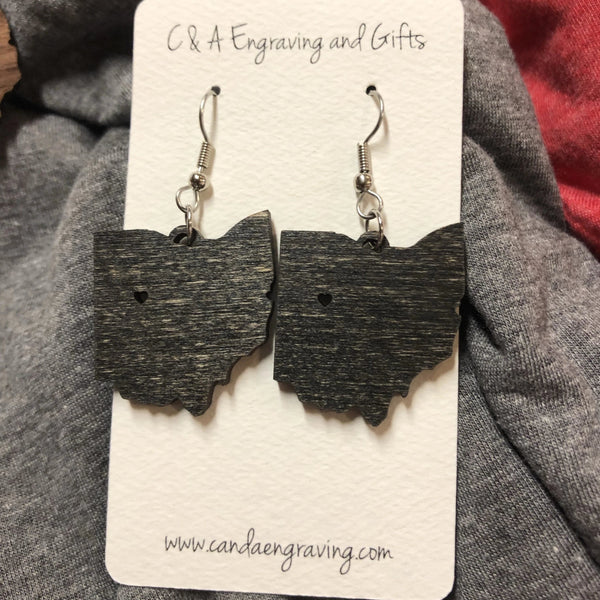 Wooden State of Ohio Dangle Earrings. Ohio Wooden Earrings. - C & A Engraving and Gifts