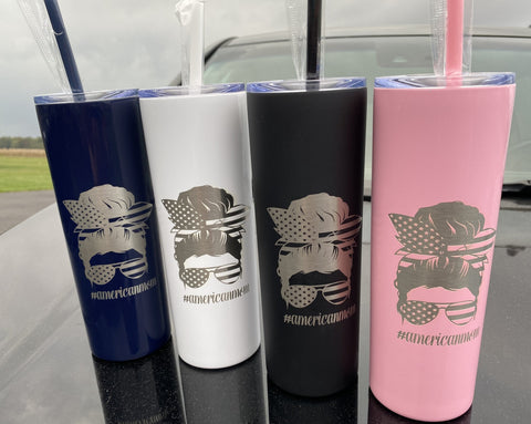 Messy Bun American Mom Skinny Tumbler. Engraved Patriotic Skinny Tumbler. - C & A Engraving and Gifts