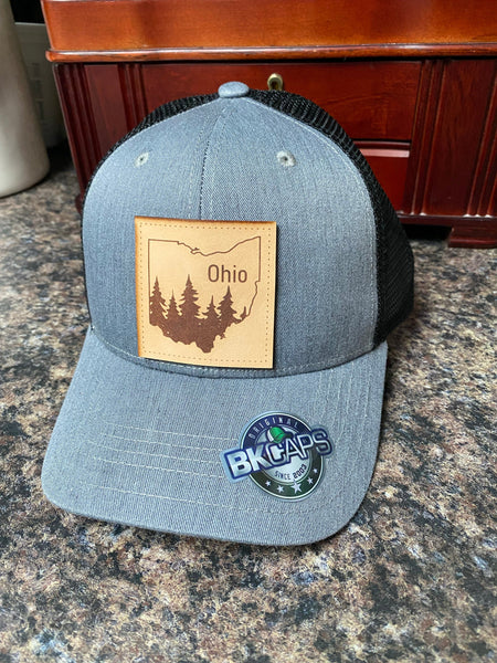 Ohio Leather Square Patch Hat. Ohio Outline with Trees Leather Truck Hat. Ohio Dad Ball Cap. - C & A Engraving and Gifts