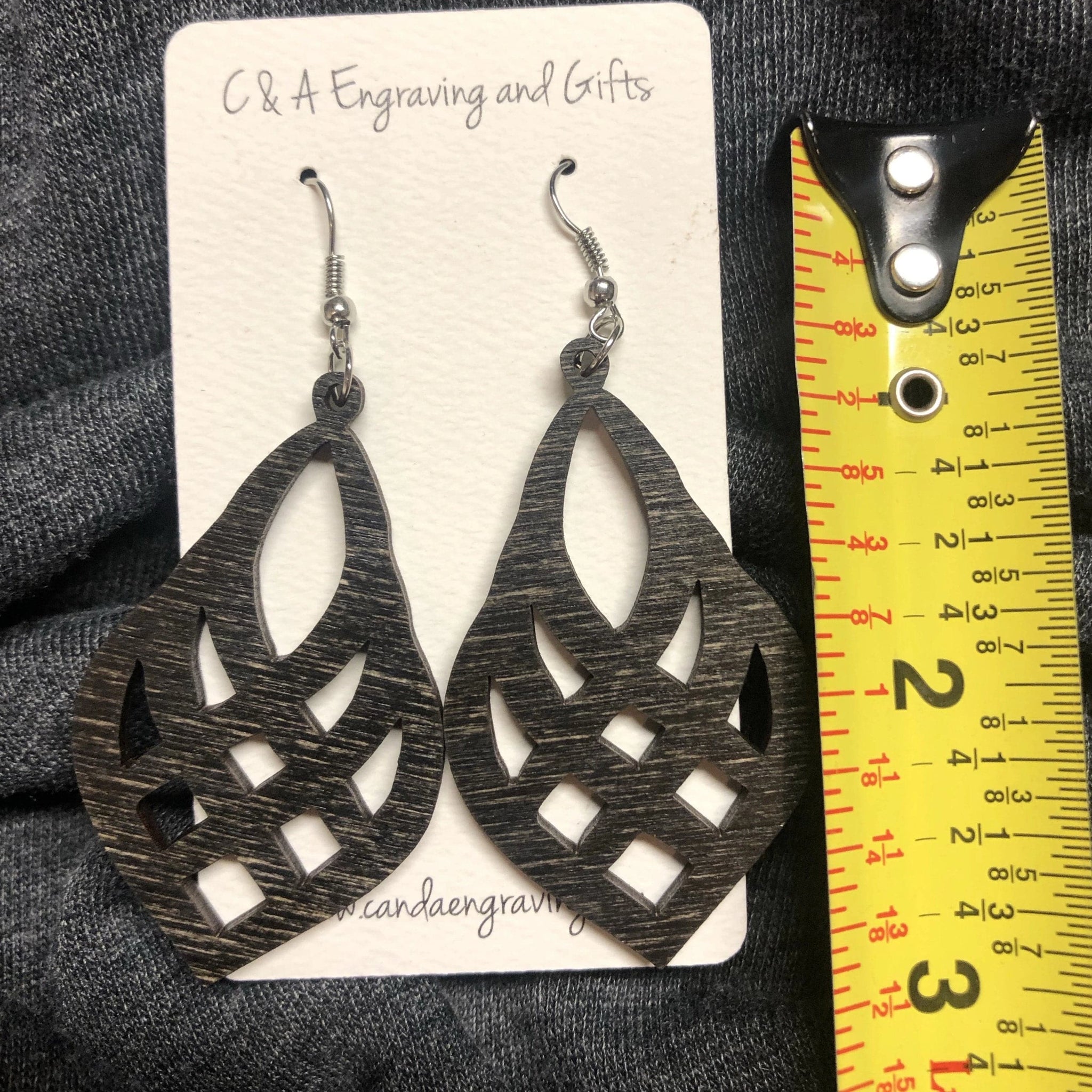 Wooden Mesh Teardrop Dangle Earrings. Stained Birch Wood Laser Cut Earrings. - C & A Engraving and Gifts