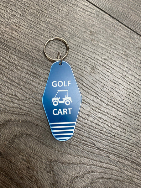 blue and white engraved golf cart key chain