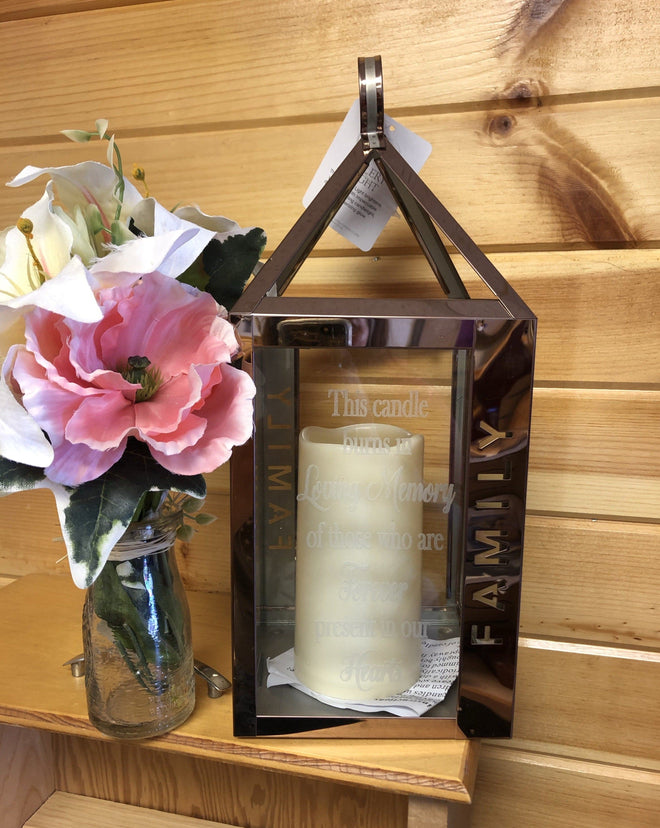 Family Rose Colored Lantern Memorial. In Memory of Lighted Engraved Lantern. - C & A Engraving and Gifts