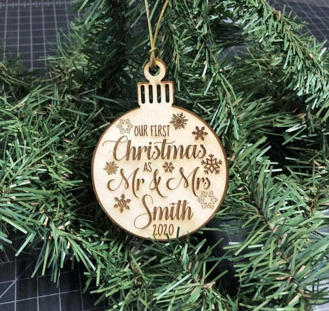 Our First Christmas Ornament. Engraved Wooden Mr and Mrs Ornament. - C & A Engraving and Gifts