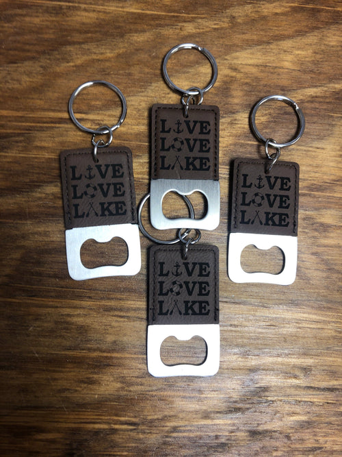Key Chain Bottle Opener Leatherette Engraved Live Love Lake - C & A Engraving and Gifts