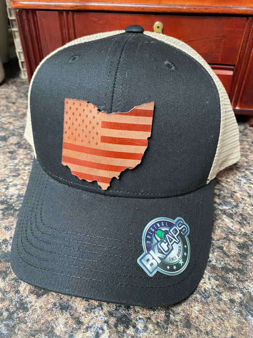 Custom Leather Ohio Flag Patch Hat. Ohio Leather Truck Hat. Laser Engraved Patch Hat. - C & A Engraving and Gifts
