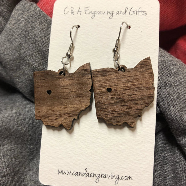 Wooden State of Ohio Dangle Earrings. Ohio Wooden Earrings. - C & A Engraving and Gifts