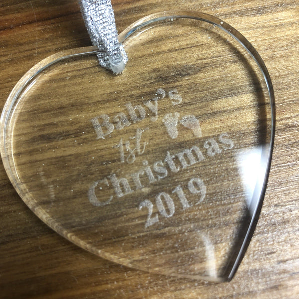 Baby’s First Christmas Ornament. Glass Heart Shaped Ornament. - C & A Engraving and Gifts