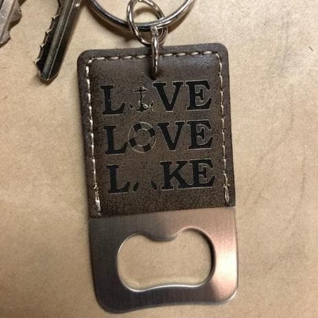 Key Chain Bottle Opener Leatherette Engraved Live Love Lake - C & A Engraving and Gifts