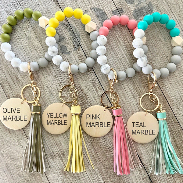 Personalized Name Silicone Wristlet Keychain. Initial Stretchy Bangle Wristlet with Engraved Pendant. Mama Bear Bangle Key Ring. - C & A Engraving and Gifts